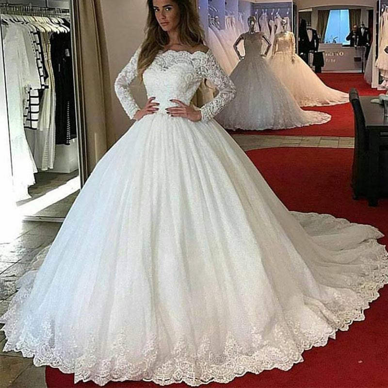 LP1245 off the Shoulder Long Sleeves Lace Ball Gown Wedding Dress Prin ...
