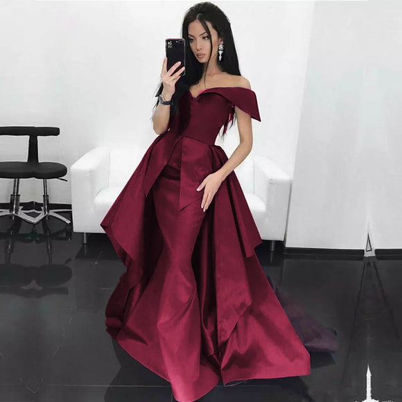 off shoulder red long gown