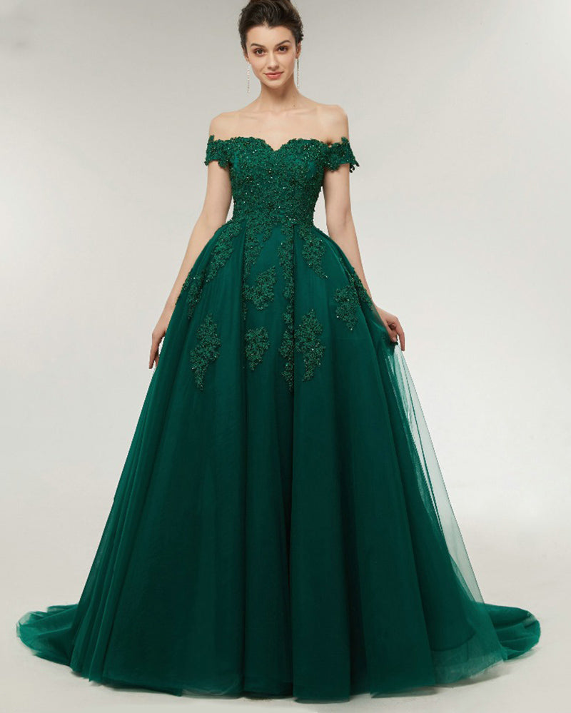 Lace Off the Shoulder Emerald Green Prom Dress Ball Gown Evening Forma ...