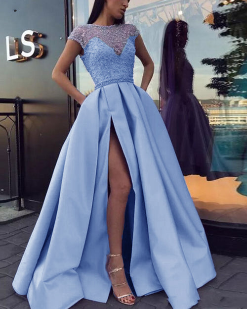 Sky Blue Cap Sleeves Beading and Floral Ball Gown Prom Dress,Sweet 16 –  Siaoryne