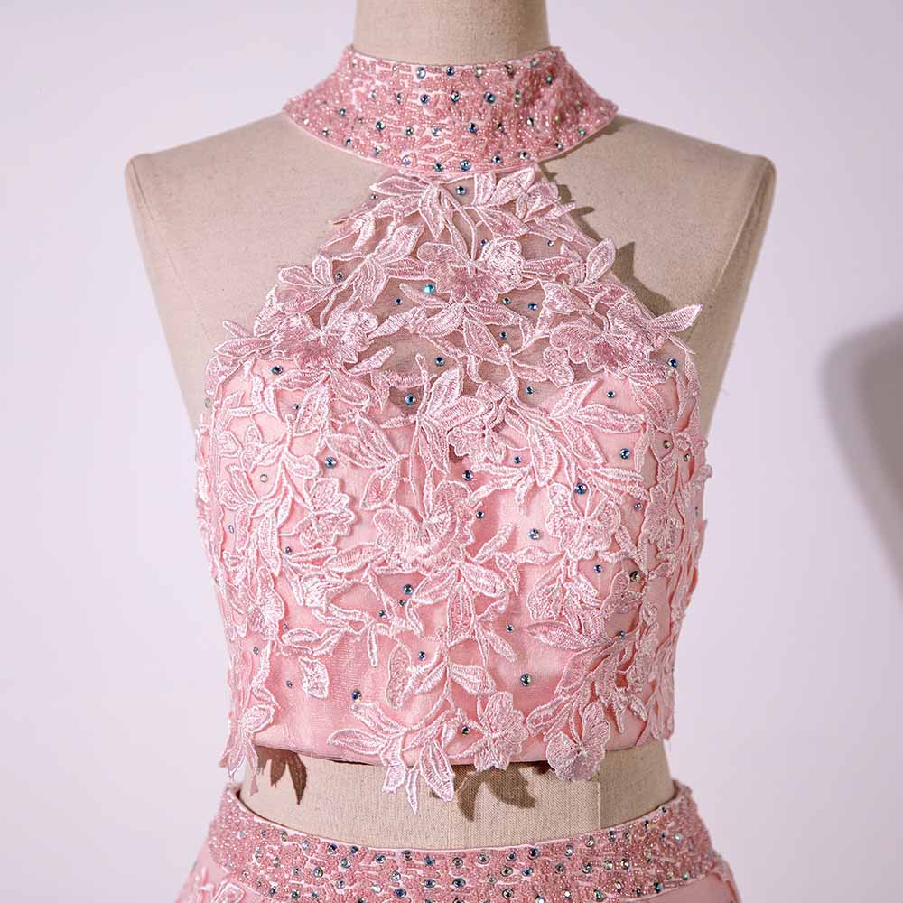 Pink Two Pieces Lace Prom Dress Senior Graduation Formal Wear Homecomi ...