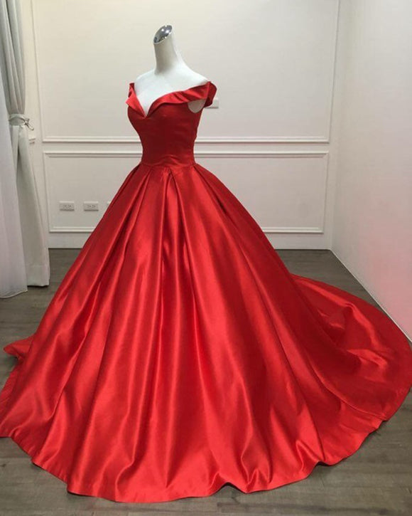 Red Satin Ball Gown Prom Dress Long Evening Gown Women Formal Engageme