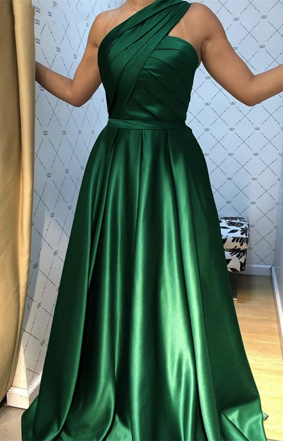 One Shoulder A Line Satin Emerald Green Formal Evening Dressprom Part Siaoryne 2727