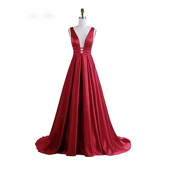 Elegant V Neck Dark Red Prom Dress Satin A Line Formal Graduation Form ...