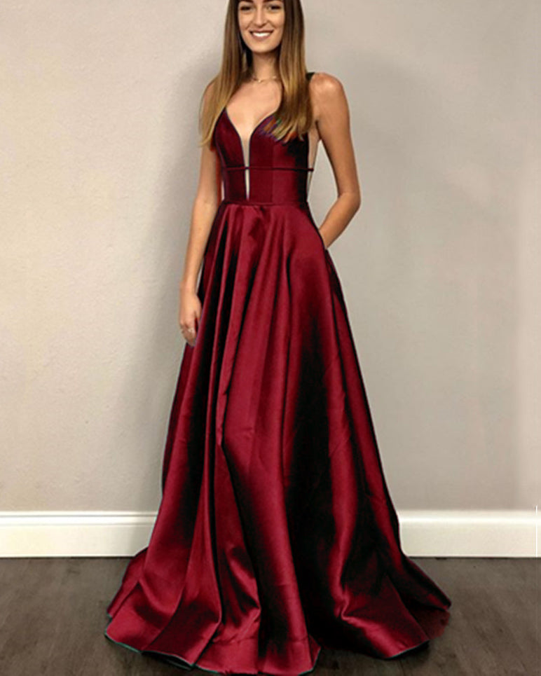 Satin V Neck Burgundy Red Maroon Gowns Long Evening Dress,Long Prom Pa ...