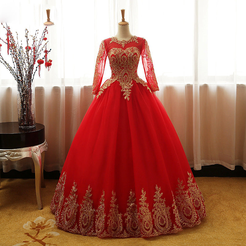 Red And Gold Ball Gown Prom Dress With Long Sleeves Wedding Gown Wd750