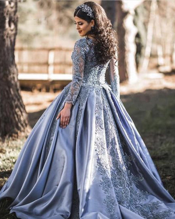 Dust Blue Wedding Dress Lace Long Sleeved Ball Gown Women Formal Eveni ...