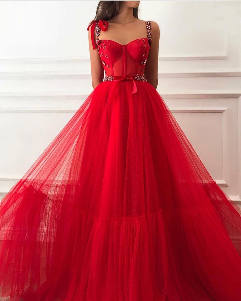 Fancy Women Formal Gowns Long Red Dot Tulle Prom Dresses with Straps V