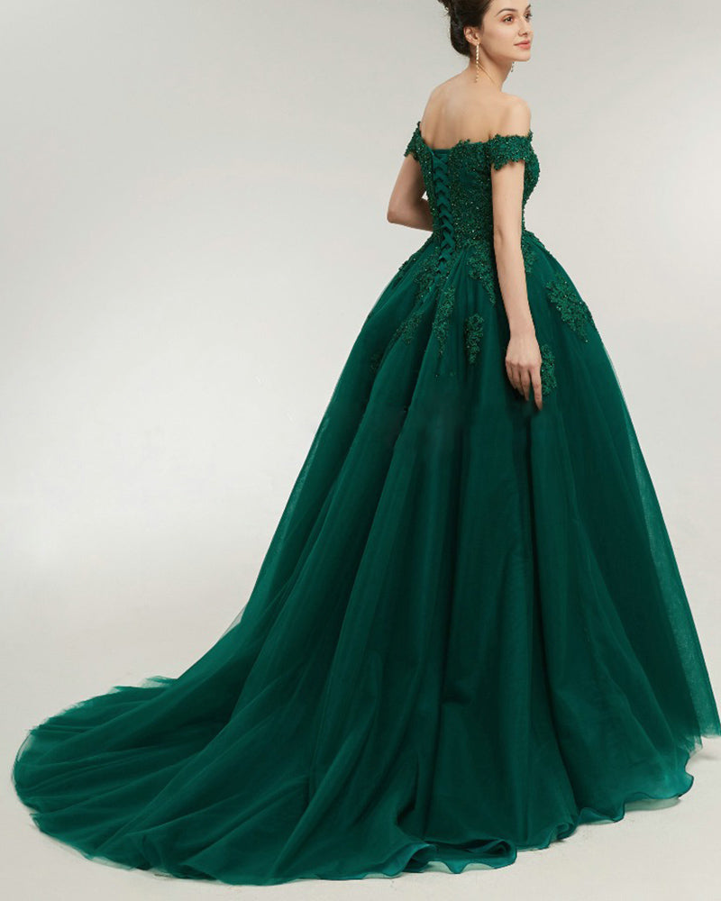 Lace Off the Shoulder Emerald Green Prom Dress Ball Gown Evening Forma ...
