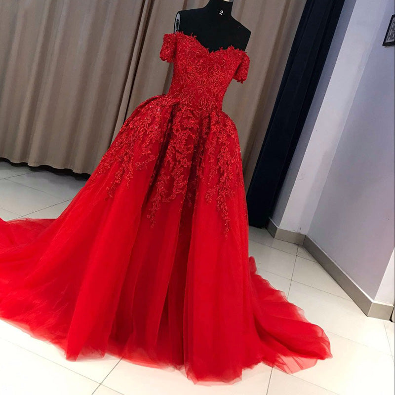 LP5536 Red Prom Dresses Long lace Appliqued off the Shoulder Evening F ...