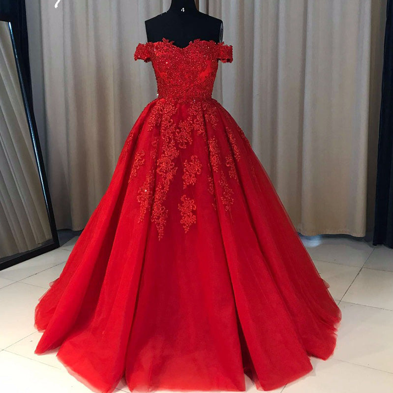Buy Off the Shoulder Lace tulle Ball Gown Red Prom Dresses Siaoryne