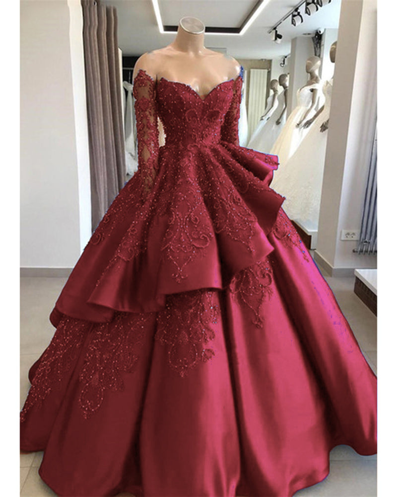 Stylish Long Sleeves Lace Beaded Ball Gown Women Formal Dress,Wedding ...