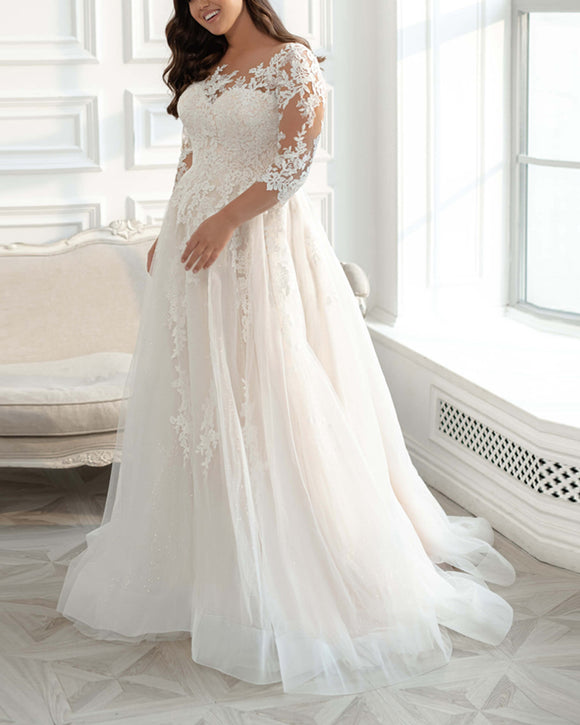 Ivory Lace 3/4 sleeves plus size custom made women wedding gown bridal ...