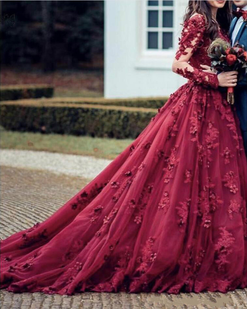 Burgundy Long Sleeves Ball Gown Wedding Dress,Women Lace Beading Formal  Gown PL10419 - Customized / blue