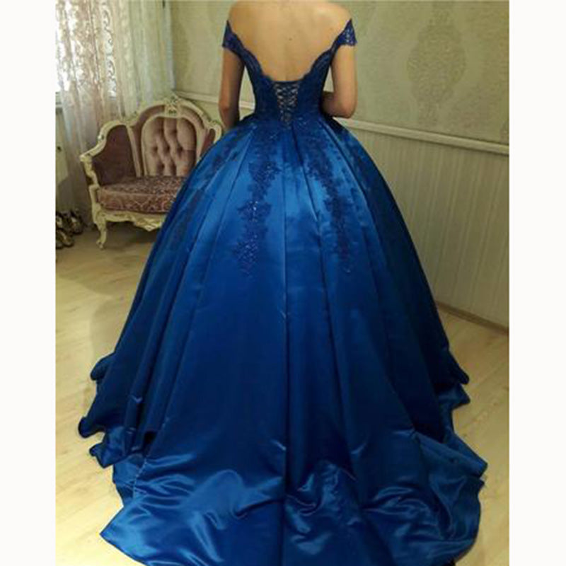 off the shoulder ball gown satin blue wedding dress formal gown with l ...