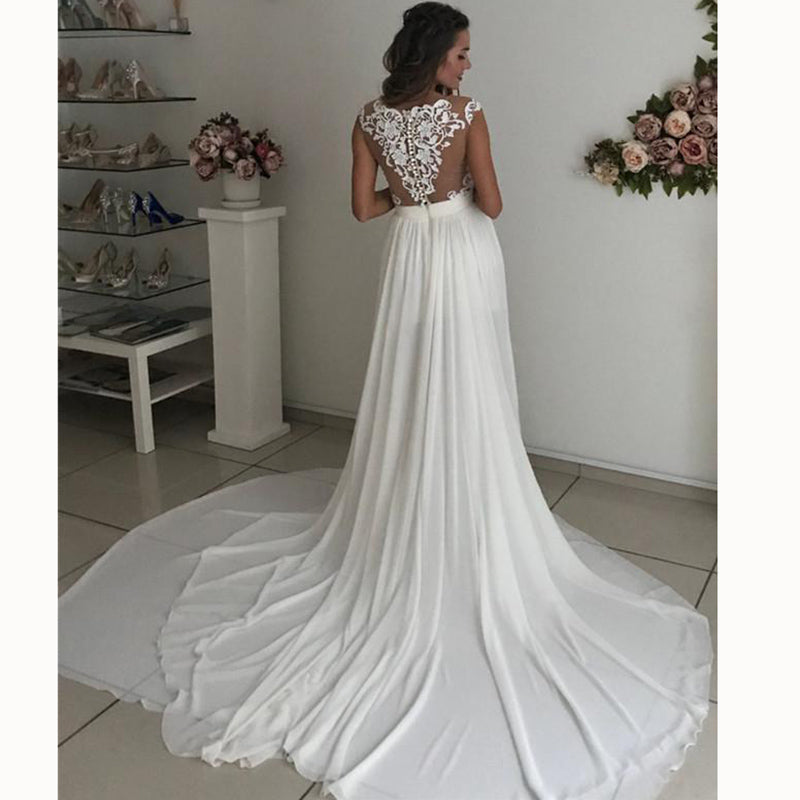 WD3375 Ivory Chiffon Beach Bridal Dresses 2018 with Lace Appliqued Sli ...