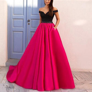 Elegant Off The Shoulder Black And Hot Pink Prom Dresses Girls