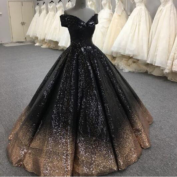 black prom dress with gold sequins