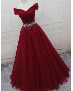 Burgundy / Bright Pink Off Shoulder Beaded Belt Long Tulle Ball Gown P ...