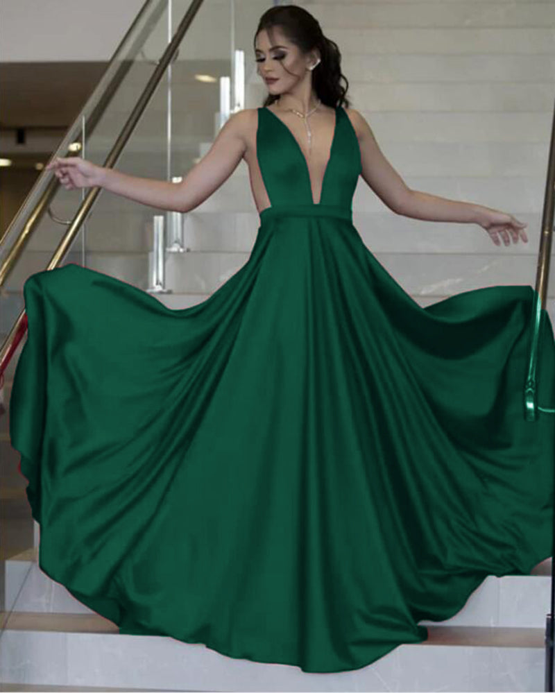 Siaoryne Emerald Green Sexy Deep V Neck Long Evening Dresses Satin Ch 9206