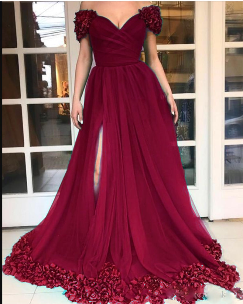 Off Shoulder 3D Handamde Flowers Women Formal Outfits Long Prom Evenin ...