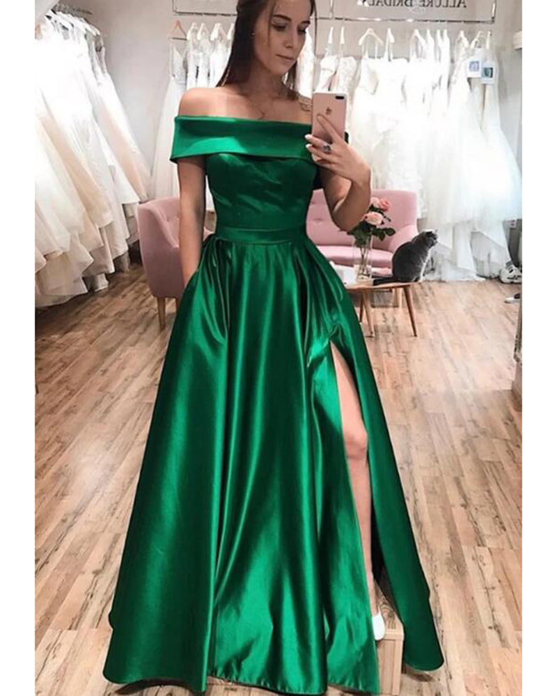 Sexy Dark Green Off The Should Satin Evening Party Dresses 2020 Vestid Siaoryne