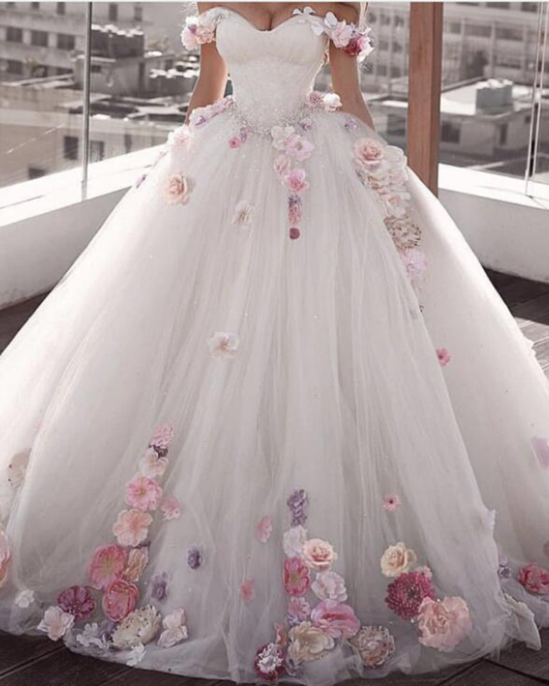 Pink/White Off Shoulder Ball Gown Floral /flowers Wedding Dress Girls ...