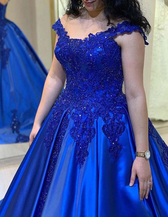 Royal Blue Lace Ball Gown Women Formal Wedding Party Gowns Evening Wea ...