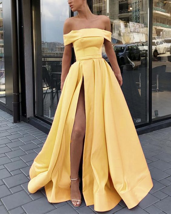 Dress Women Fashion Off The Shoulder Yellow Dress Sexy Slit Evening Party  Vestido Prom Party Dresses Lady Elegant Robe Evening Dress XUXFANG (Color :  Yellow, US Size : L) : : Clothing