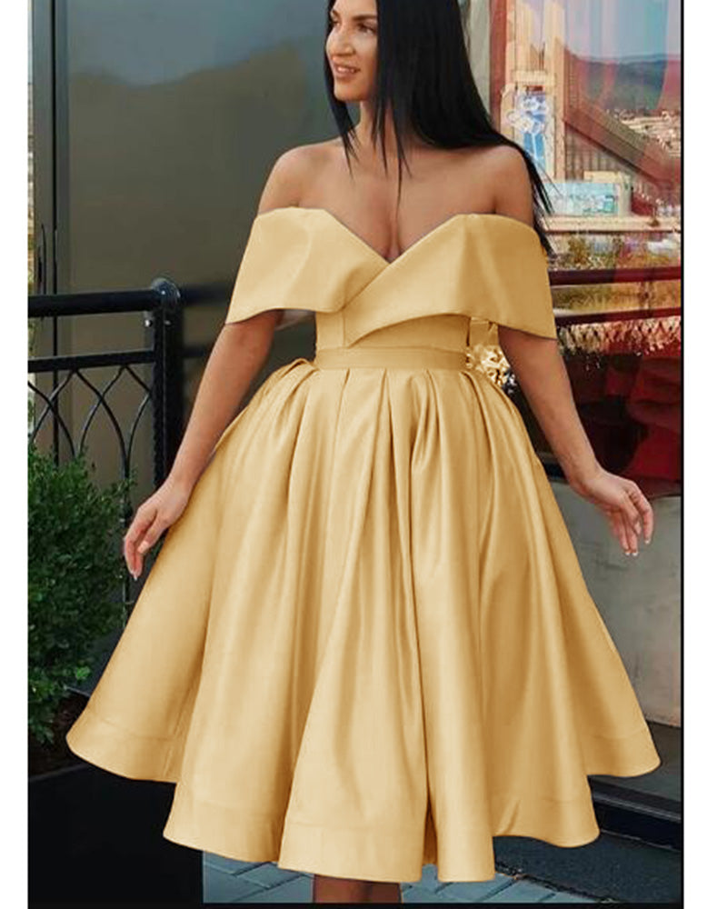 New Off Shoulder Gold Yellow Knee Length Short Prom Dress Homecoming G ...