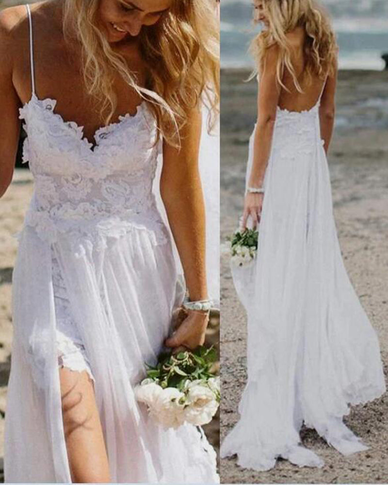 Sexy Flowing Chiffon Lace Slits Lace Boho Bridal Dress White Beach Wed ...