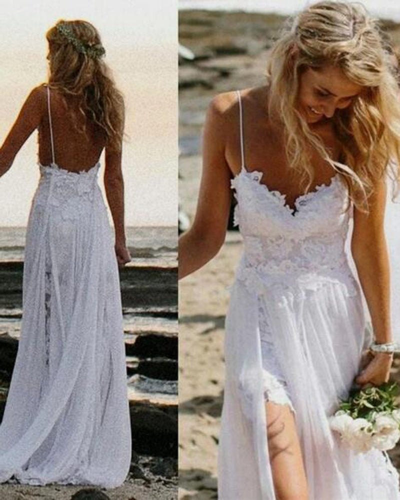 Sexy Flowing Chiffon Lace Slits Lace Boho Bridal Dress White Beach Wed ...