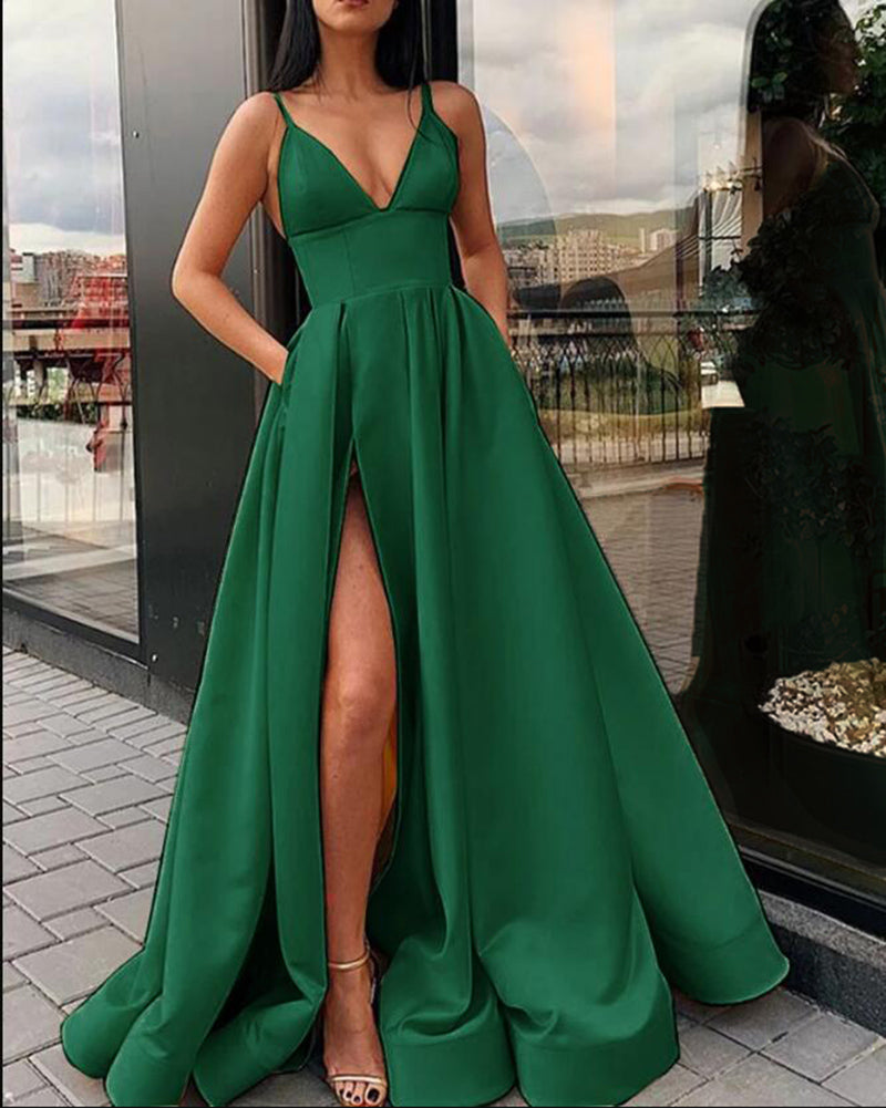 Emerald Green Baby Blue Sexy A Line Women Formal Prom Gowns With Spli