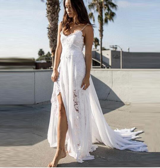Sexy Flowing Chiffon Lace Slits Lace Boho Bridal Dress White Beach Wed 8045