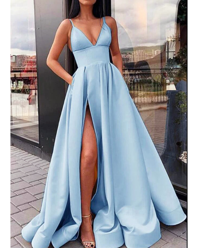 Elegant A Line Satin Baby Blue Prom Dress 2022 with Straps Ball Dress