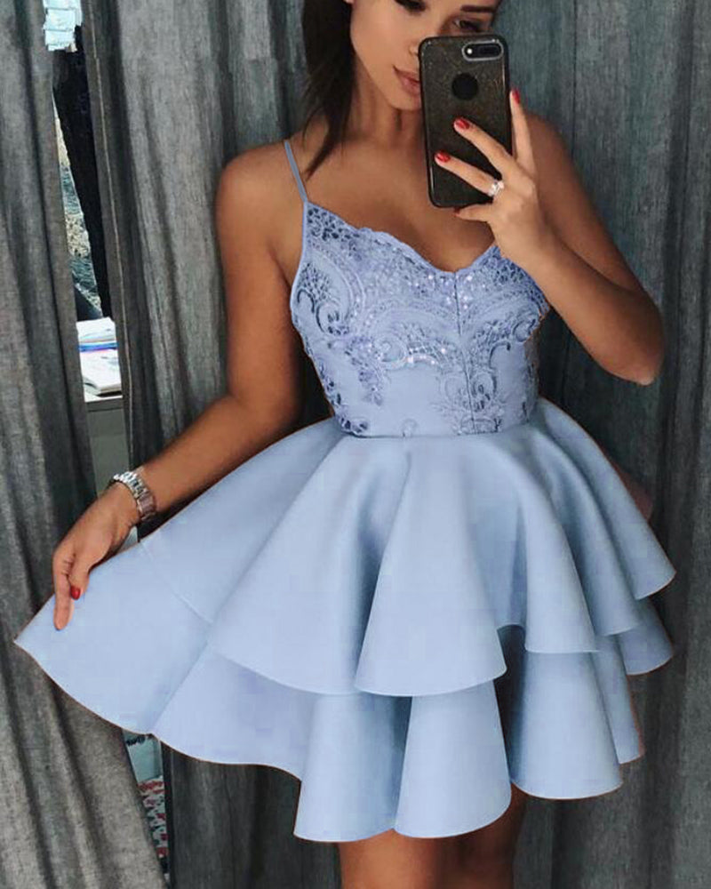 Poofy Sky Blue Short Prom Dress with Spaghetti Straps Vestido Curto ,H ...