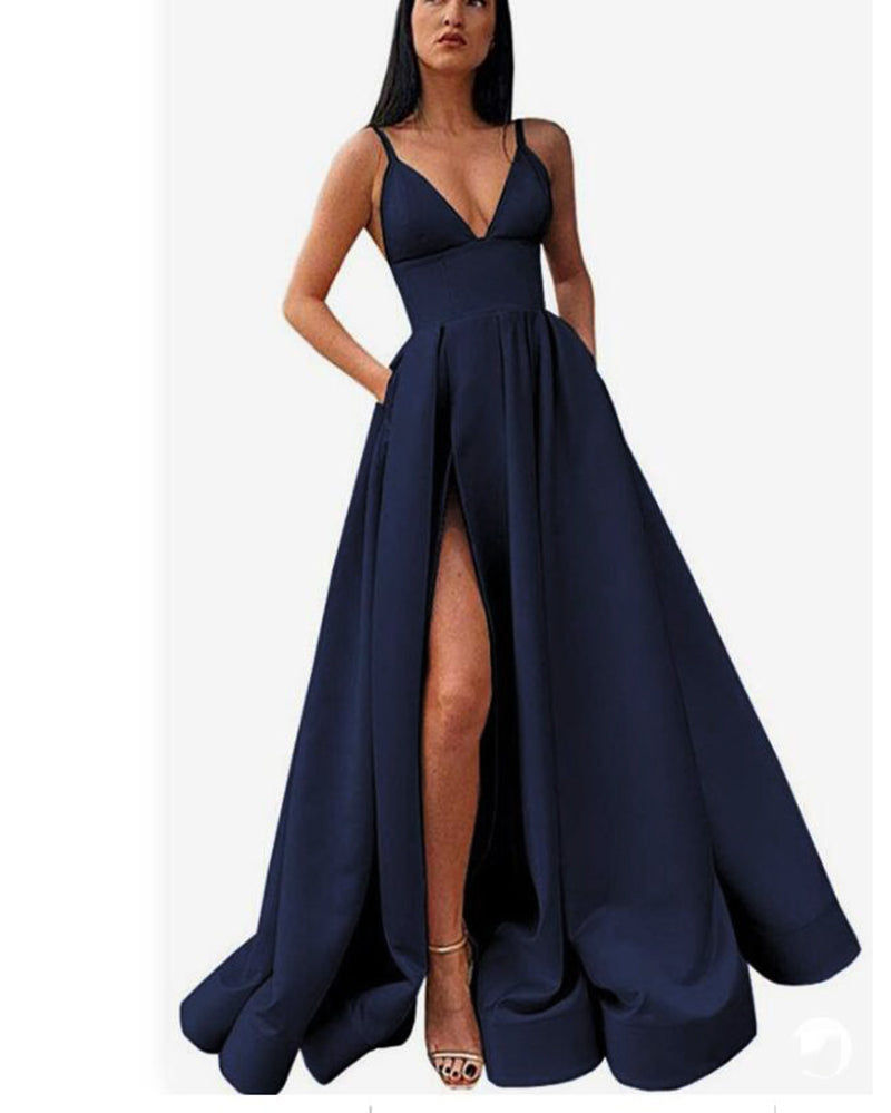 Sexy High Split Satin A Line V Neck Navy Blue Long Gown Formal Dress w ...