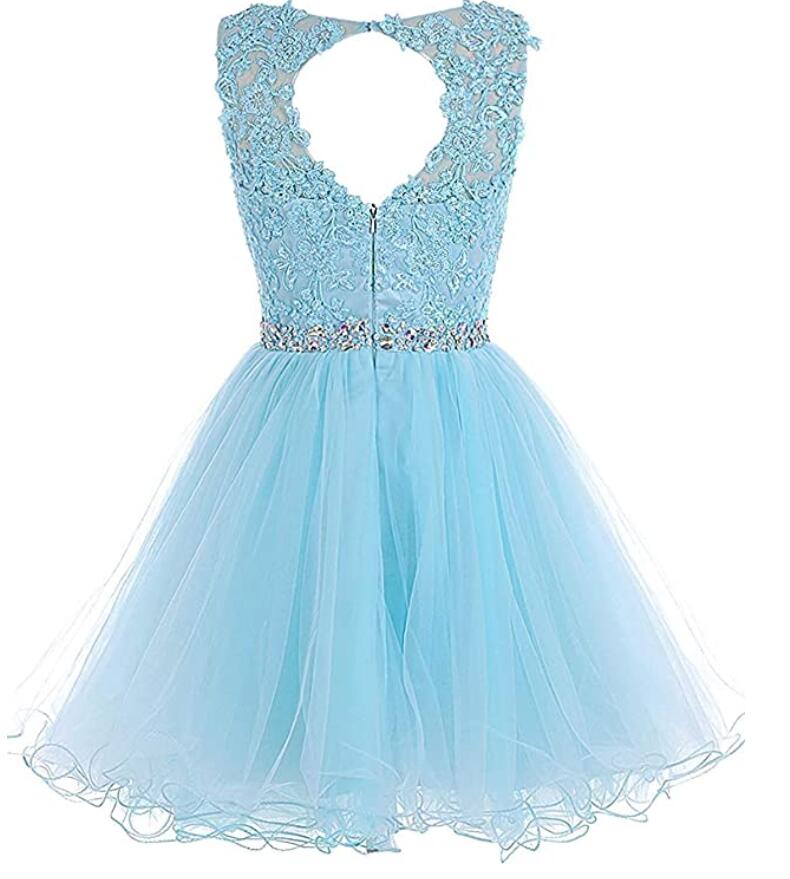 Lovely Sky Blue Lace Puffy Keyhole Back Homecoming Dress Short Prom Dr ...