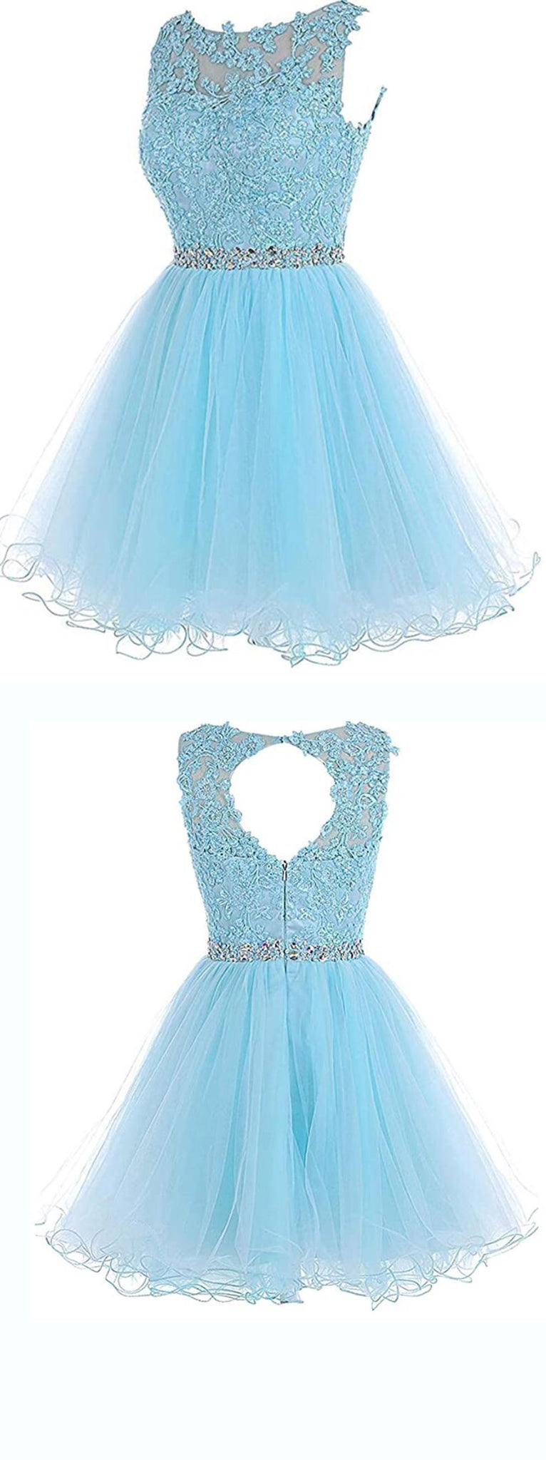 Lovely Sky Blue Lace Puffy Keyhole Back Homecoming Dress Short Prom Dr ...