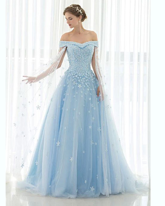 Beautiful Flowers Handamde Off the Shoulder Elsa Ice Blue Prom Dresses