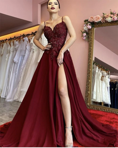 Burgundy Lace Long Women Evening Dresses with Slit PL22231