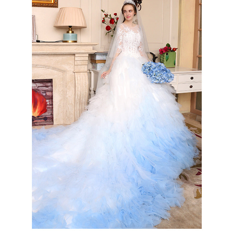 Luxury Ombre Wedding Dress Whiteblue Short Sleeves Lace Bridal Gown W Siaoryne 3923