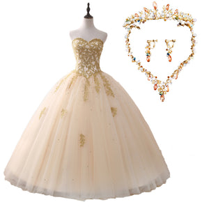 Sparkle Gold Lace Ball Gown Prom Dress Princess Quinceanera