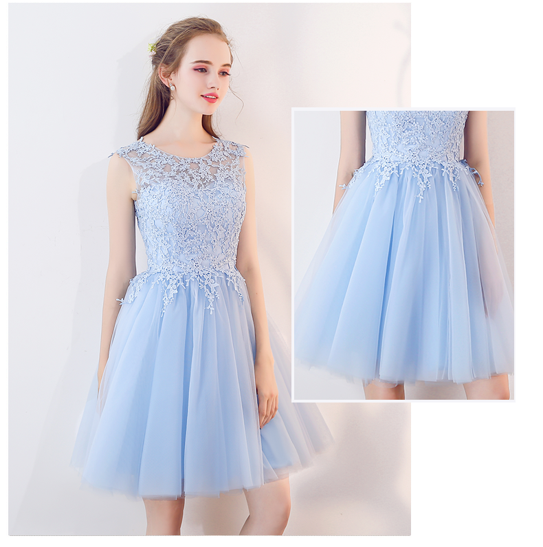 Scoop Neck Light  Blue  Short Prom  Dresses  Lace Girls Junior  
