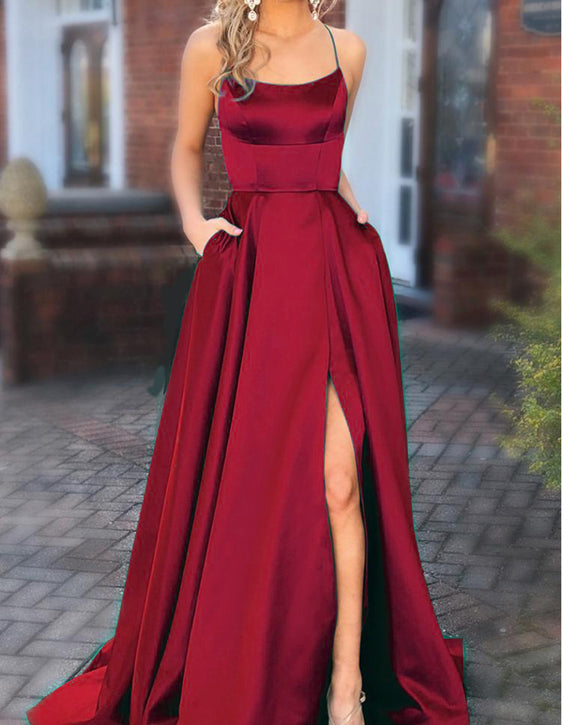 Halter Wine Red Prom Dresses Long with Pocket long Vestido De Festido