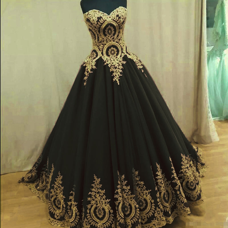 WD5512 Ball Gown Burgundy Wedding Dress Gold Appliqued