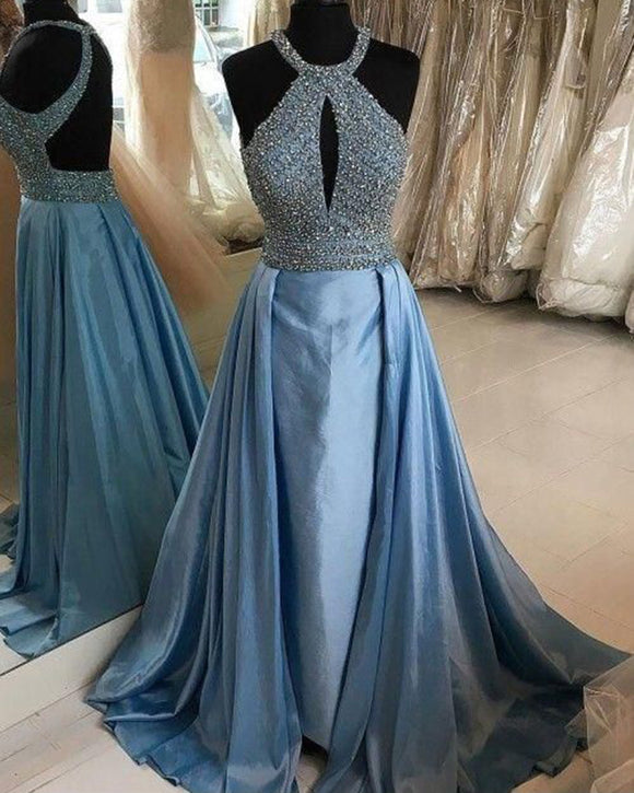 Halter Light Blue Prom Dresses with Train Women Engagement Formal Wear ...