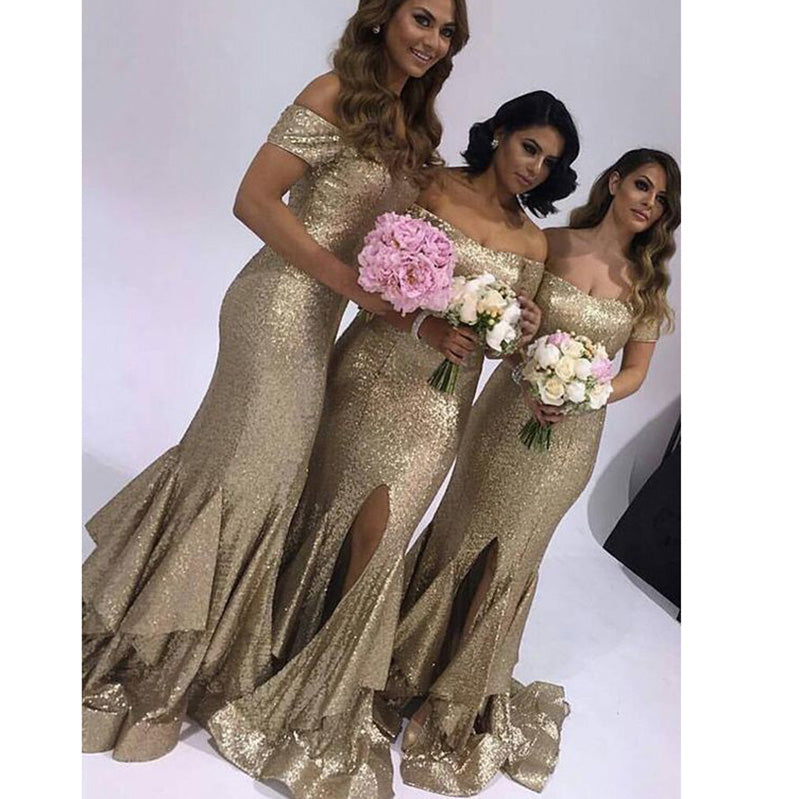 Off Shoulder Champagne sequins Bridesmaid Dress Mermaid Maid of honor ...