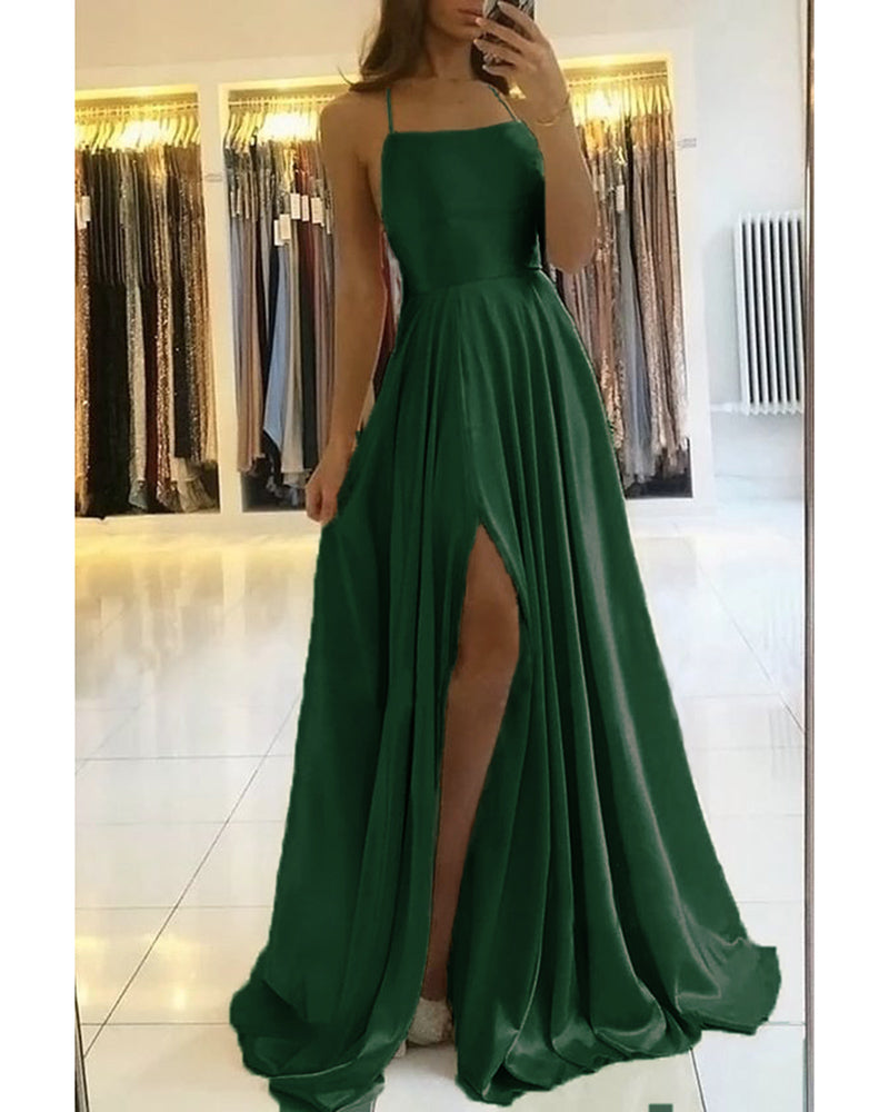 A Line Spaghetti Straps Satin Long Prom Dresses Criss Cross Back N2479 –  Simibridaldresses