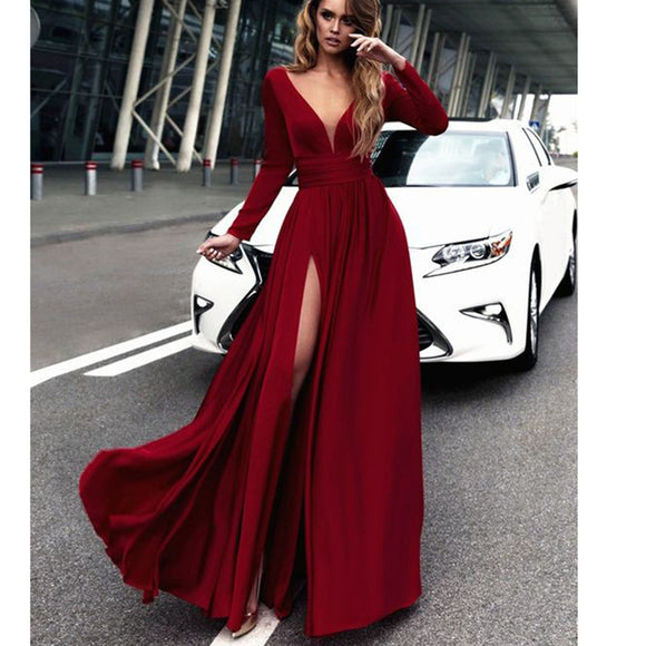 Long Sleeves Red/Burgundy Dress Chiffon Sexy Deep V Neck Women Formal ...